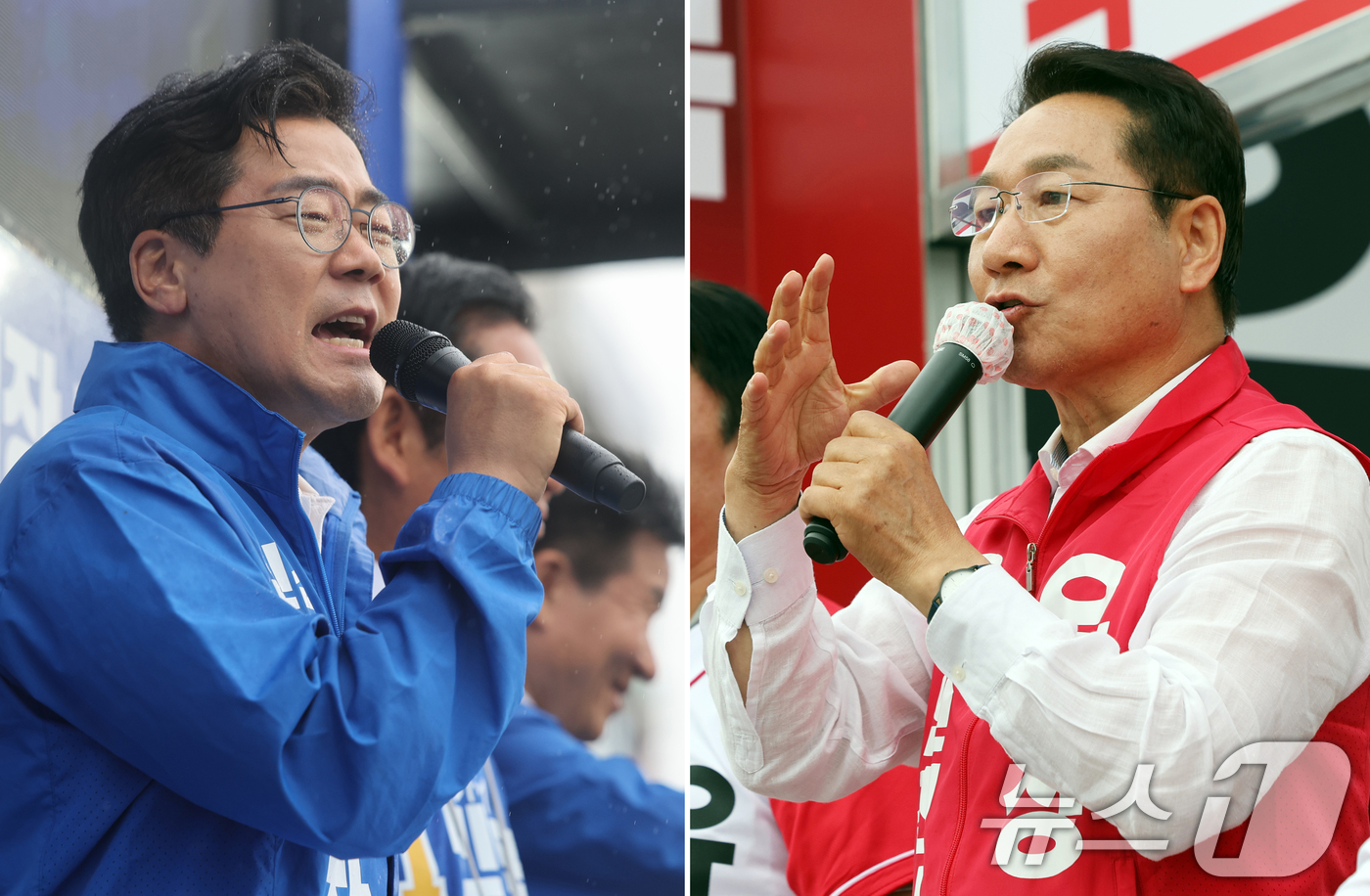(인천=뉴스1) 황기선 기자 = 박찬대 더불어민주당 인천시장 후보(왼쪽)와 유정복 국민의힘 인천시장 후보가 27일 오후 인천 강화군 강화풍물시장에서 유권자들에 지지를 호소하고 있다 …