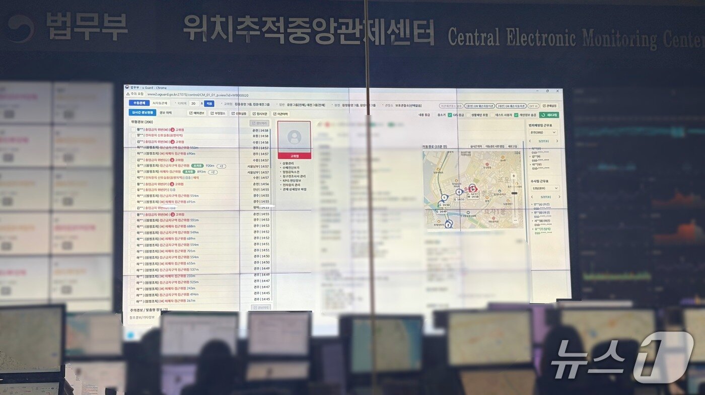 본문 이미지 - 27일 서울 동대문구에 위치한 법무부 위치추적중앙관제센터에서 직원들이 전자장치(전자발찌)를 부착한 대상자들을 모니터하고 있다. 2026.5.27/ 뉴스1 김종훈 기자