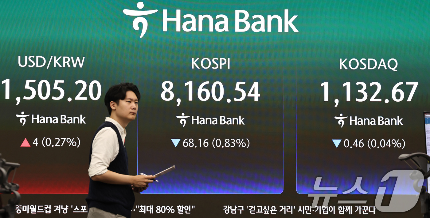 (서울=뉴스1) 구윤성 기자 = 28일 서울 중구 하나은행 본점 딜링룸 증시 현황판에 코스피 등 시황이 표시되고 있다. 이날 코스피는 전 거래일 대비 062.97포인트(0.77%) …