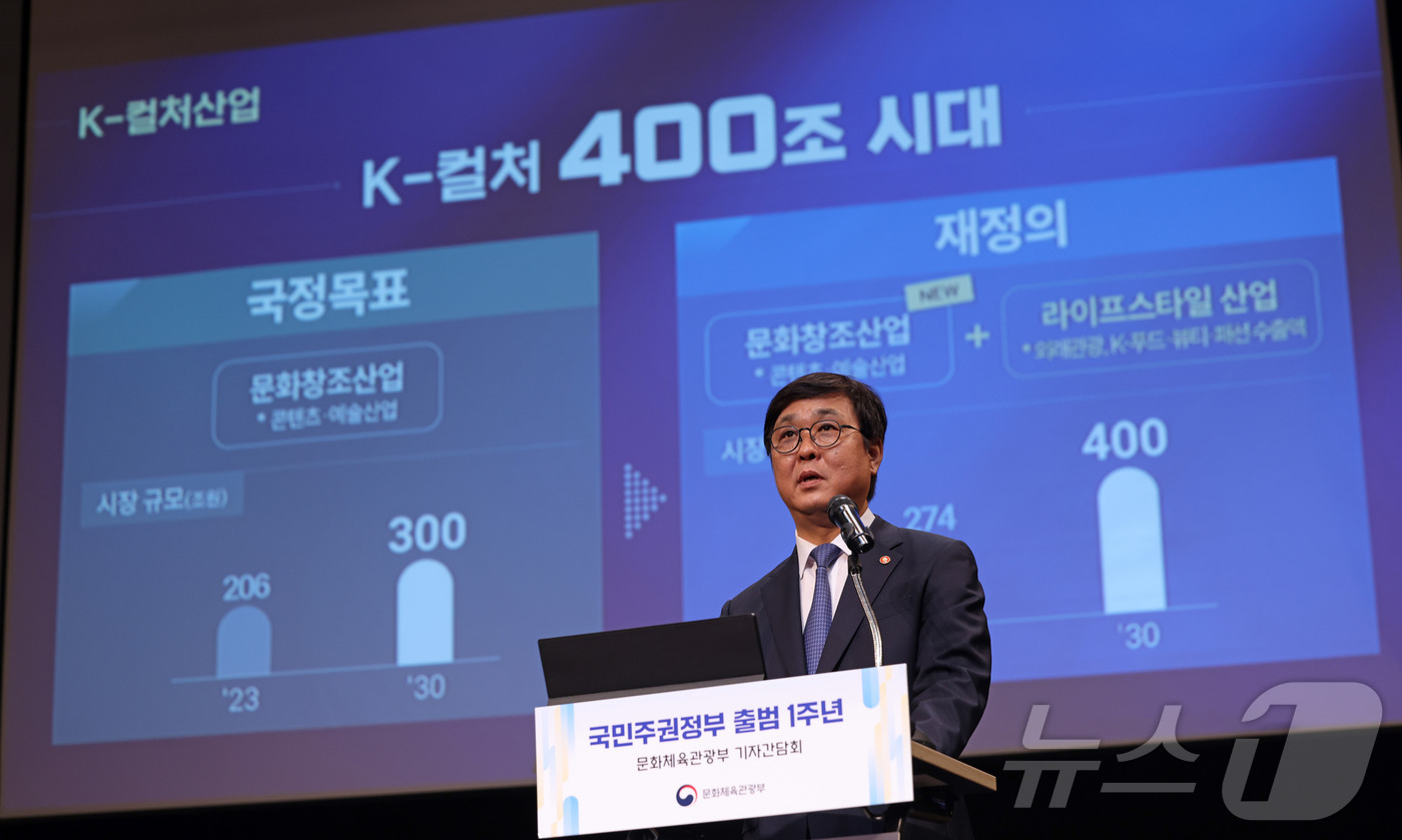 (서울=뉴스1) = 최휘영 문화체육관광부 장관이 28일 오전 서울 종로구 국립현대미술관 서울관 다원공간에서 열린 국민주권정부 출범 1주년 문체부 장관 기자간담회에서 문화체육관광부의 …