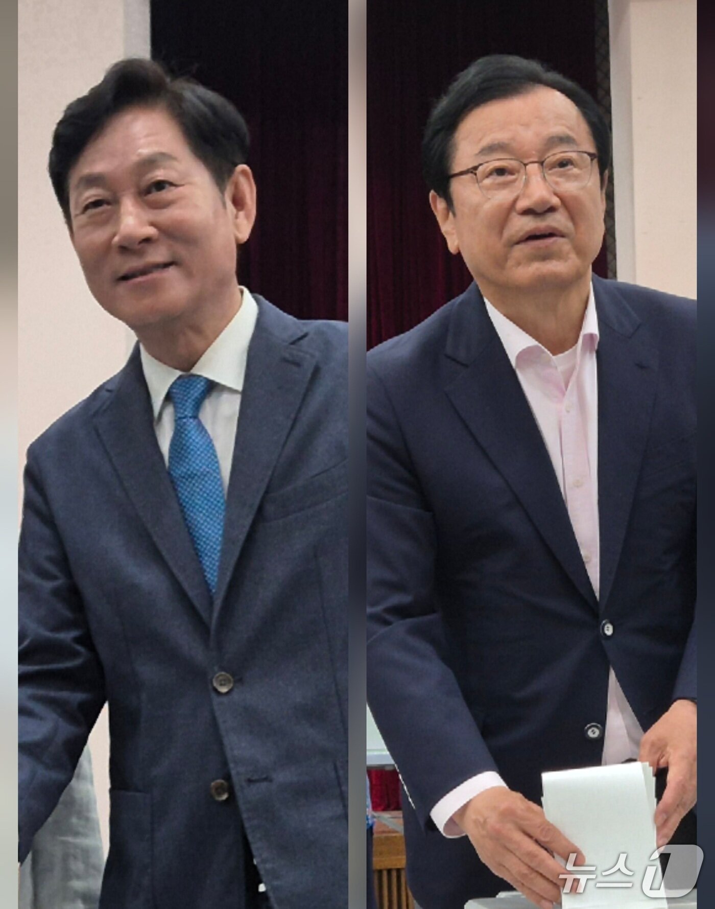 본문 이미지 -  6·3 전국동시지방선거 사전투표 첫날인 29일 경기 하남시장 여야 후보들이 일제히 한 표를 행사하고 있다. 왼쪽부터 강병덕 더불어민주당 후보, 이현재 국민의힘 후보.2026.05.29/뉴스1 양희문 기자 