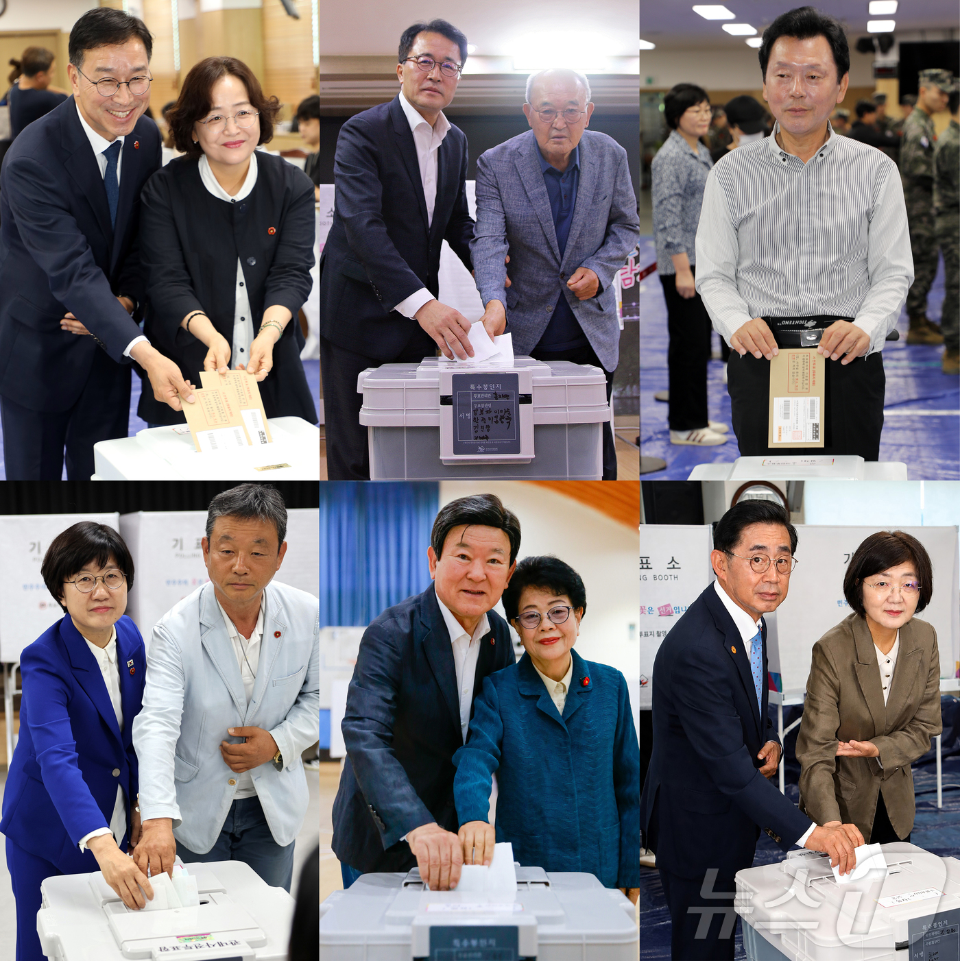(제주=뉴스1) 오미란 기자 = 제주도지사 선거 기호 1번 위성곤 더불어민주당 후보(윗줄 왼쪽부터)와 기호 2번 문성유 국민의힘 후보, 기호 5번 양윤녕 무소속 후보, 제주도교육감 …