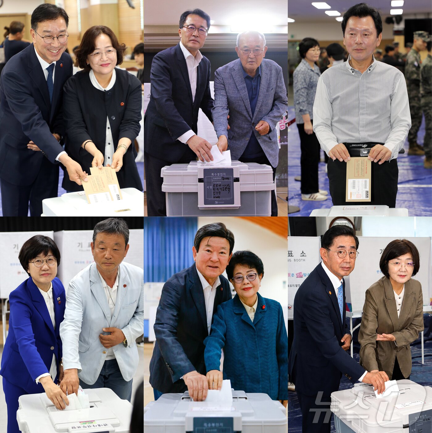 본문 이미지 - 제주도지사 선거 기호 1번 위성곤 더불어민주당 후보(윗줄 왼쪽부터)와 기호 2번 문성유 국민의힘 후보, 기호 5번 양윤녕 무소속 후보, 제주도교육감 선거 고의숙 후보(아랫줄 왼쪽부터)와 김광수 후보, 송문석 후보가 제9회 전국동시지방선거 사전투표 첫날인 지난달 29일 오전 제주 사전투표소 곳곳에서 투표하고 있다. 2026.5.29 ⓒ 뉴스1 오미란 기자