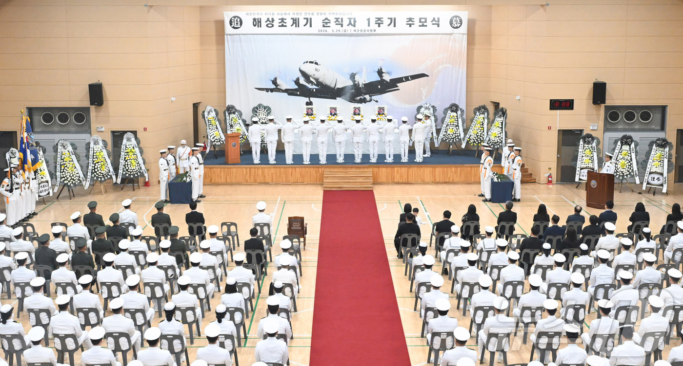 (서울=뉴스1) = 29일 포항 해군항공사령부에서 열린 해상초계기(P-3CK) 순직자 1주기 추모식에서 해군항공사령부 장병들이 순직자에 대한 경례를 하고 있다. (해군 제공. 재판 …