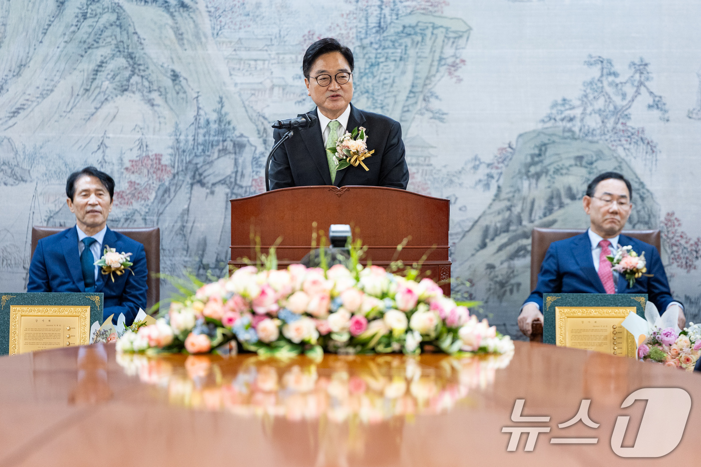 (서울=뉴스1) 유승관 기자 = 우원식 국회의장이 29일 서울 여의도 국회에서 열린 제22대 국회 전반기 국회의장단 퇴임식에서 퇴임사를 하고 있다. 2026.5.29/뉴스1