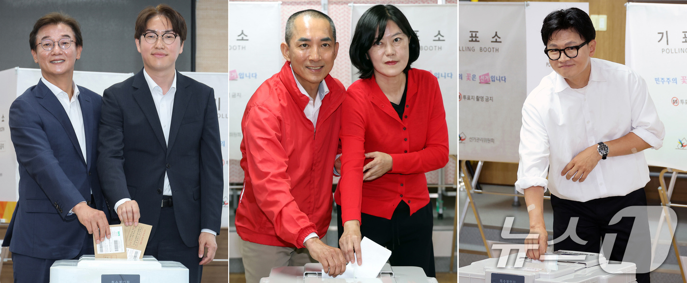 (부산=뉴스1) 윤일지 기자 = 부산 북구갑 국회의원 후보들이 29일 부산 북구 덕천2동행정복지센터와 만덕제2동행정복지센터에서 각각 사전투표를 하고 있다. 왼쪽부터 전재수 더불어민 …