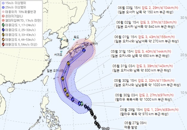 태풍 '장미' 일본 오사카 앞바다로…한반도 직접 영향 피할 듯