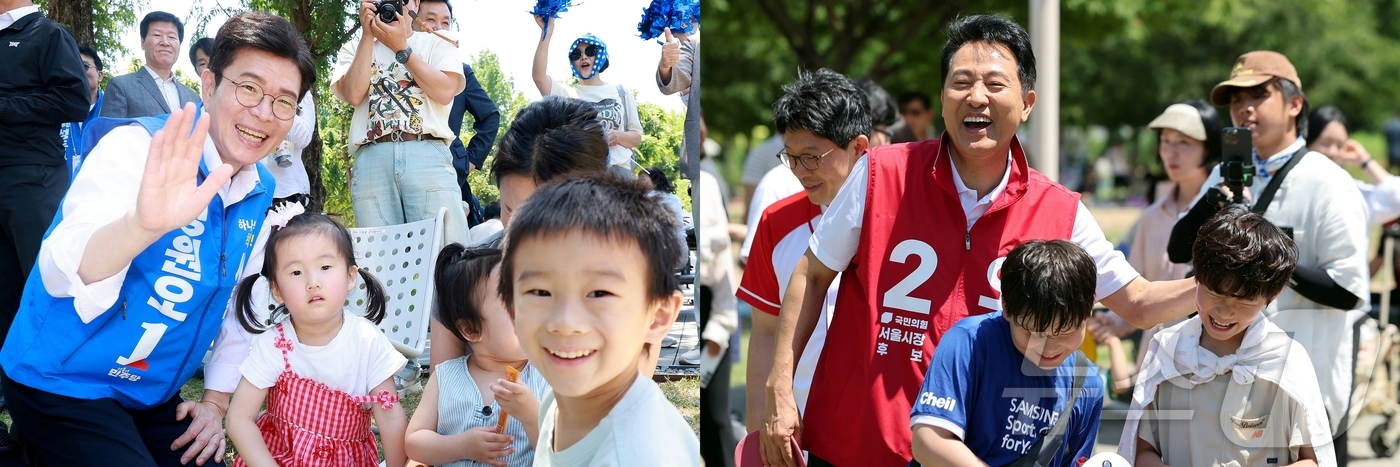 (서울=뉴스1) 김진환 이호윤 기자 = 정원오 더불어민주당 서울시장 후보(왼쪽)와 오세훈 국민의힘 서울시장 후보가 각각 30일 서울 성동구 서울숲과 영등포구 여의도 한강공원을 찾아 …