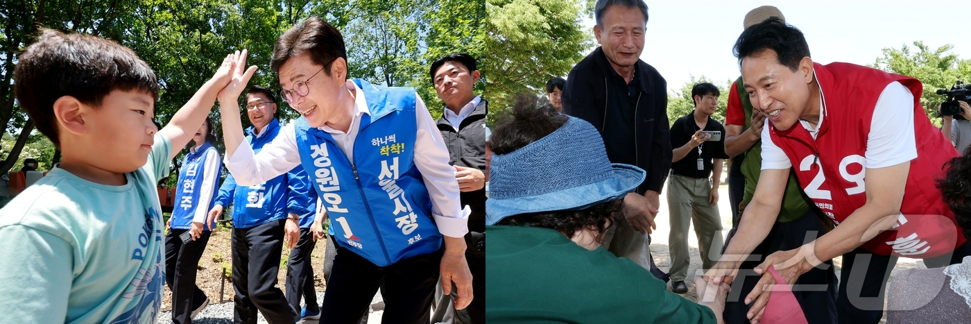 (서울=뉴스1) 김진환 이호윤 기자 = 정원오 더불어민주당 서울시장 후보(왼쪽)와 오세훈 국민의힘 서울시장 후보가 각각 30일 서울 성동구 서울숲과 영등포구 여의도 한강공원을 찾아 …