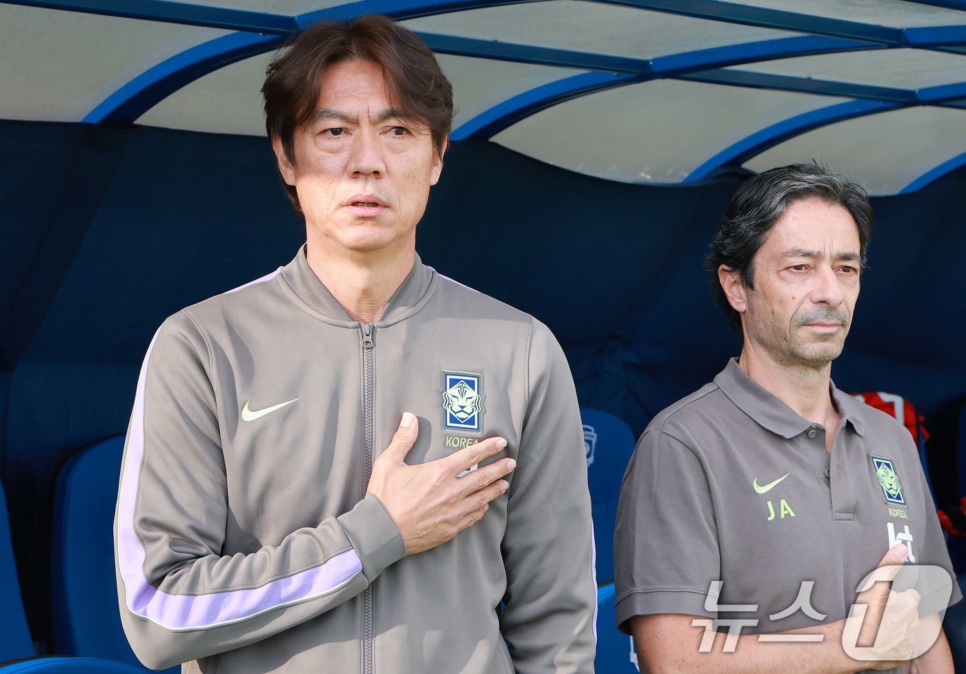 (프로보(유타주)=뉴스1) 임세영 기자 = 홍명보 대한민국 축구대표팀 감독이 30일(현지시간) 미국 유타주 솔트레이크시티 브리검 영 대학교 BYU 사우스필드 경기장에서 2026 국 …