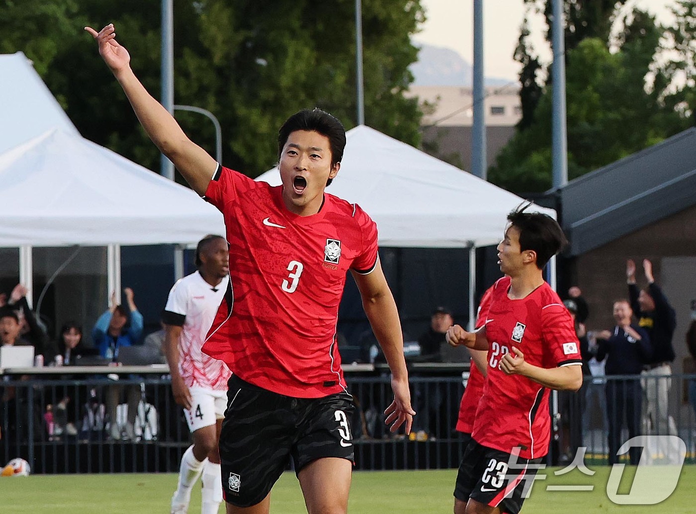 (프로보(유타주)=뉴스1) 임세영 기자 = 대한민국 축구대표팀 조규성이 30일(현지시간) 미국 유타주 솔트레이크시티 브리검 영 대학교 BYU 사우스필드 경기장에서 2026 국제축구 …