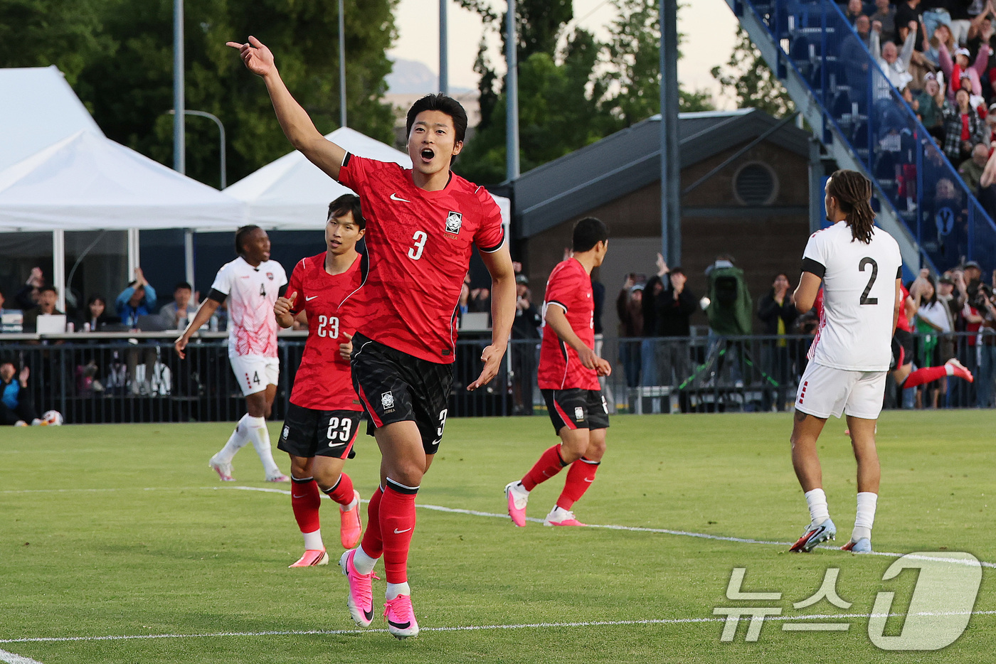 (프로보(유타주)=뉴스1) 임세영 기자 = 대한민국 축구대표팀 조규성이 30일(현지시간) 미국 유타주 솔트레이크시티 브리검 영 대학교 BYU 사우스필드 경기장에서 2026 국제축구 …