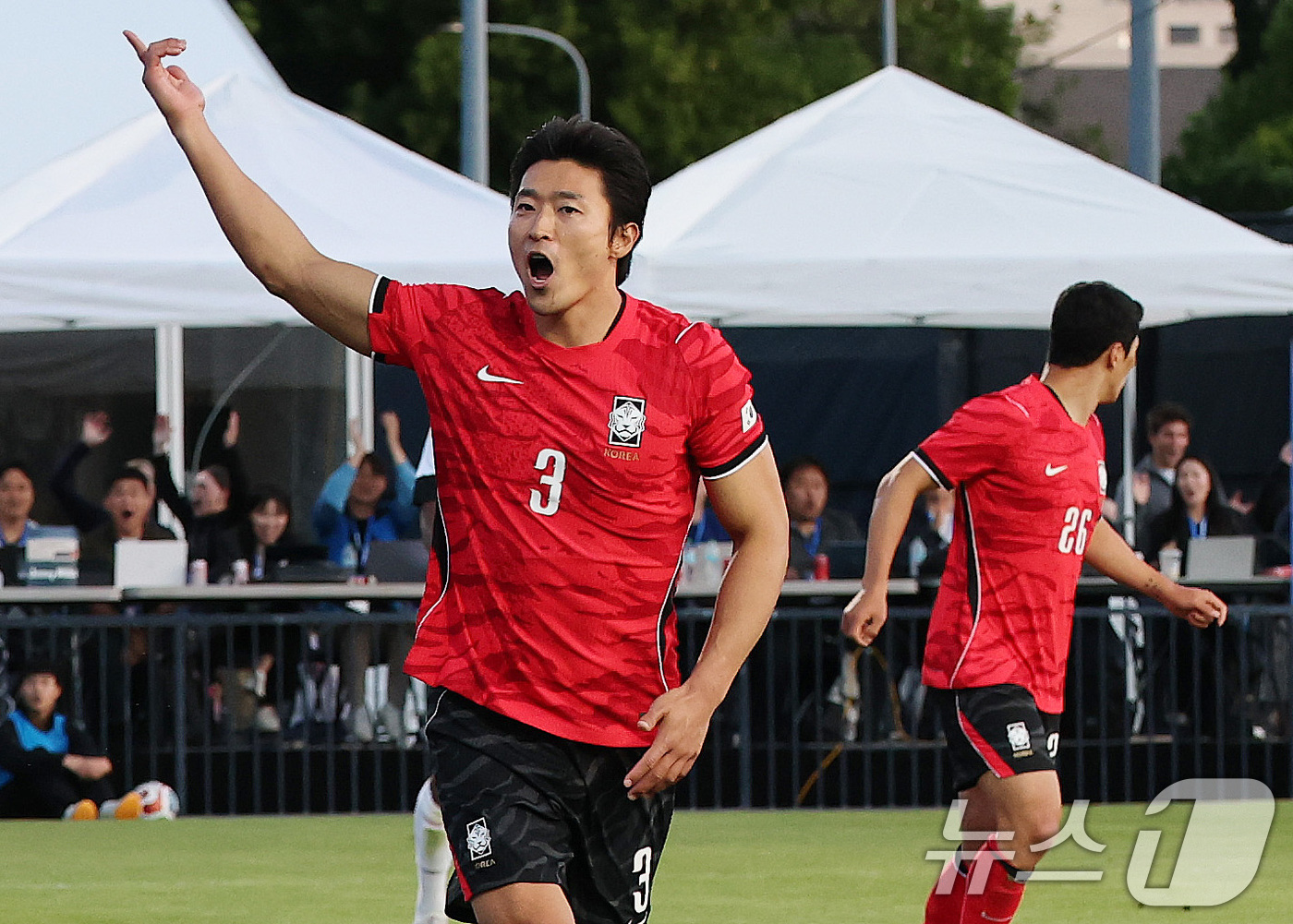 (프로보(유타주)=뉴스1) 임세영 기자 = 대한민국 축구대표팀 조규성이 30일(현지시간) 미국 유타주 솔트레이크시티 브리검 영 대학교 BYU 사우스필드 경기장에서 2026 국제축구 …