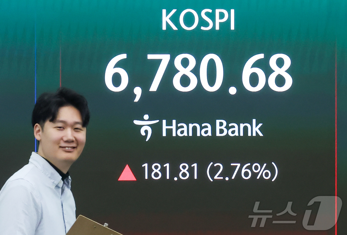 (서울=뉴스1) 이종수 인턴기자 = 4일 서울 중구 하나은행 딜링룸 전광판에 코스피 지수가 표시돼 있다.이날 코스피는 전 거래일 대비 184.06포인트(2.79%) 오른 6,782 …