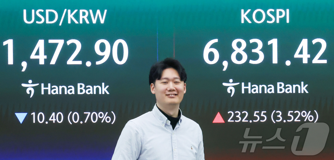 (서울=뉴스1) 이종수 인턴기자 = 4일 서울 중구 하나은행 딜링룸 전광판에 코스피 지수와 원달러 환율이 표시돼 있다.이날 전 거래일 보다 184.06포인트(2.79%) 오른 67 …