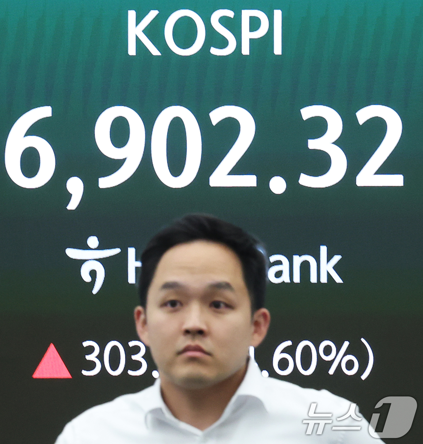 (서울=뉴스1) 오대일 기자 = 코스피가 4% 넘게 급등하며 사상 첫 장중 6,900선을 돌파한 4일 오후 서울 중구 하나은행 딜링룸 전광판에 코스피 지수가 표시되고 있다.삼성전자 …