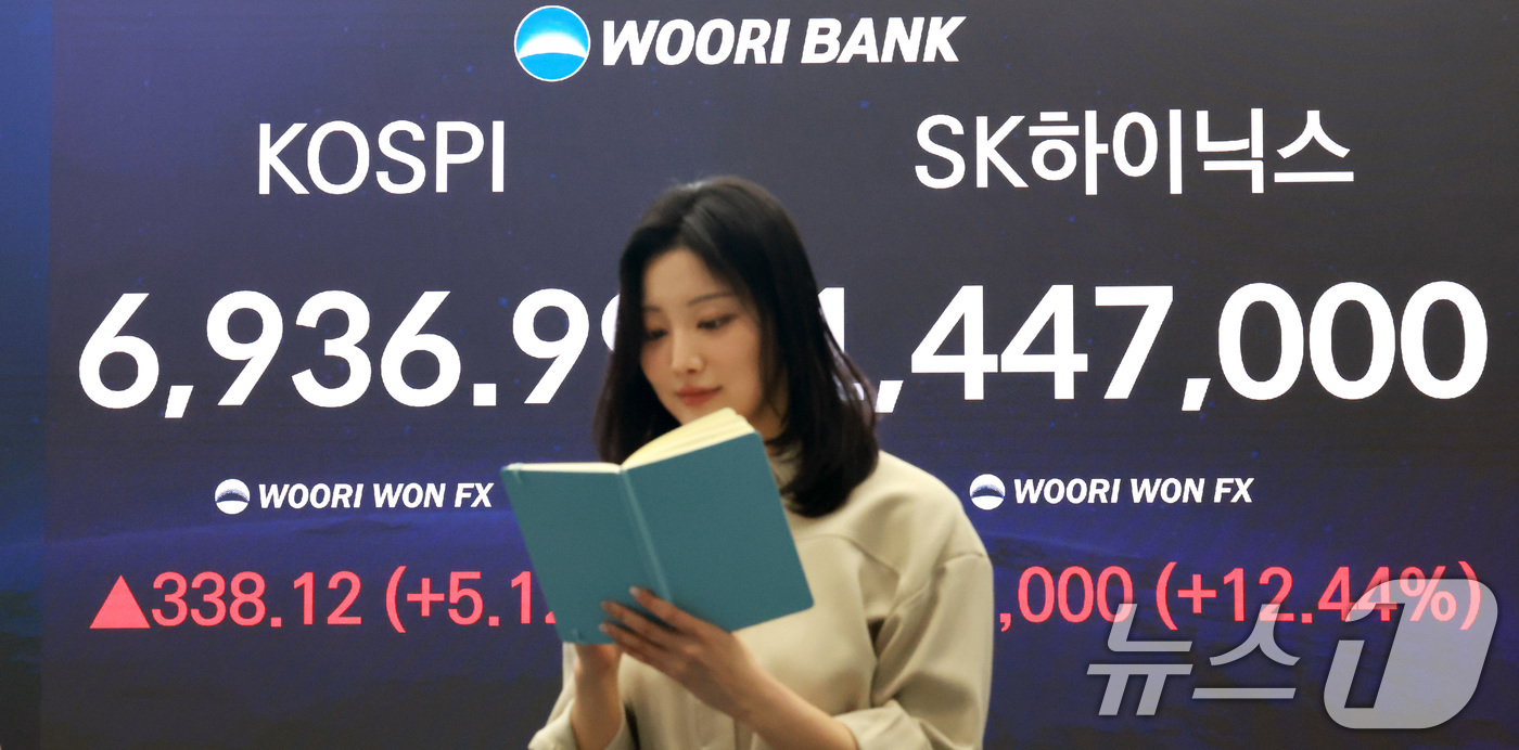 (서울=뉴스1) 임세영 기자 = 코스피 지수가 종가 기준 사상 최고치를 경신한 4일 오후 서울 중구 우리은행 본점 딜링룸 전광판에 SK하이닉스 종가가 12.44% 오른 144만70 …