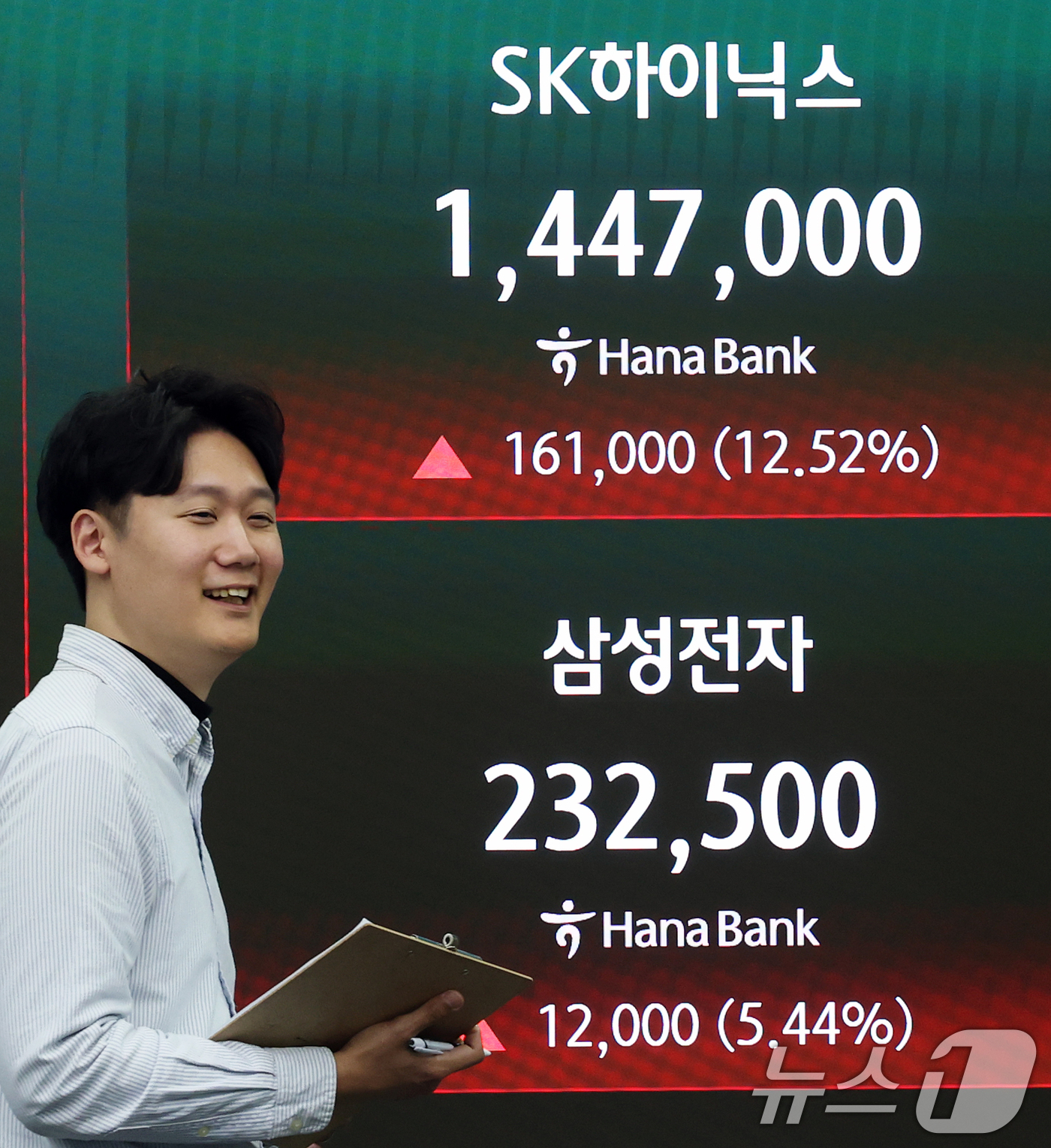 (서울=뉴스1) 오대일 기자 = 코스피가 5% 넘게 급등하며 사상 첫 6,900선을 돌파한 4일 오후 서울 중구 하나은행 딜링룸 전광판에 SK하이닉스와 삼성전자 종가가 표시되고 있 …