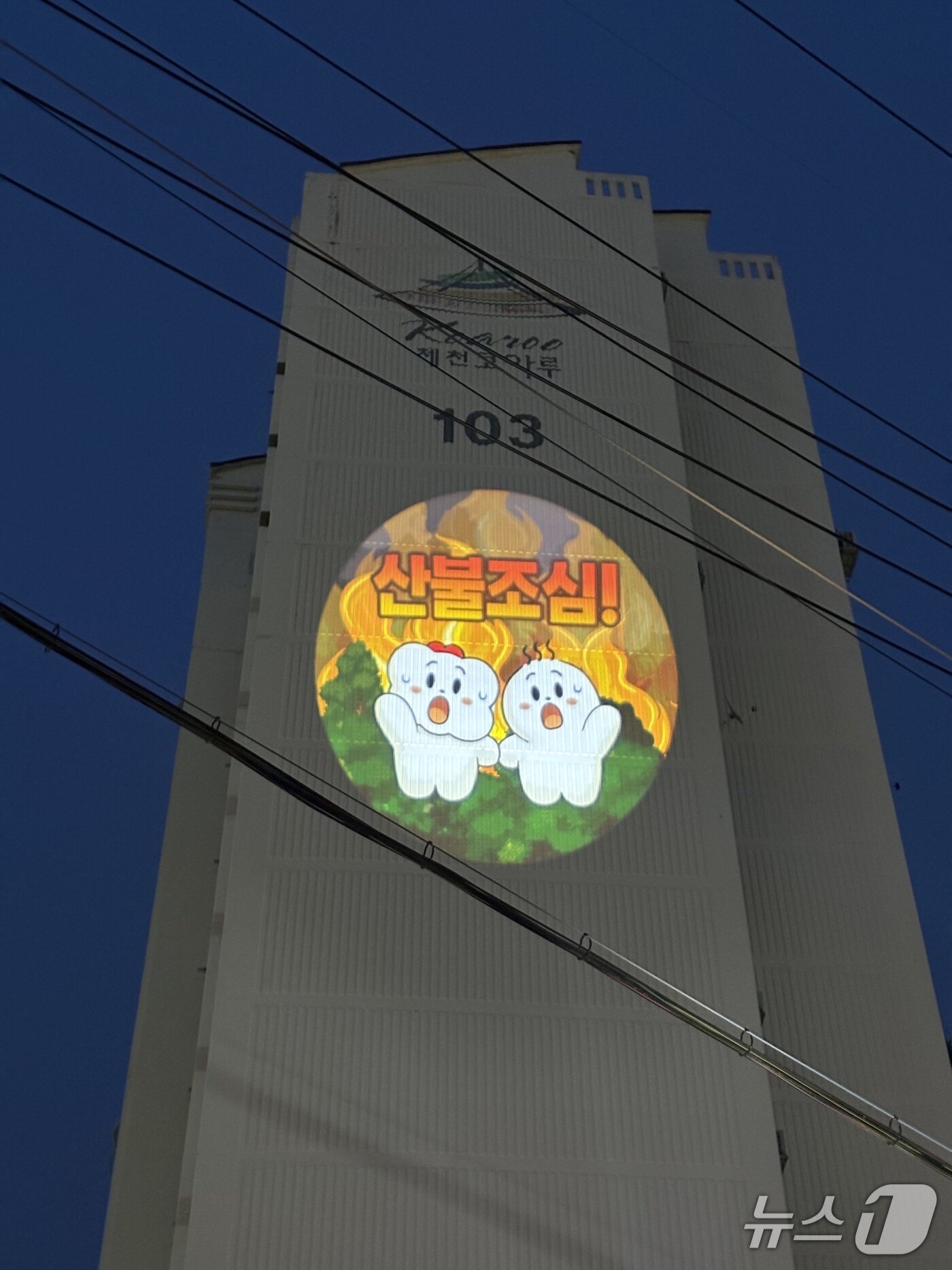 본문 이미지 - 전국 처음으로 아파트 벽면을 활용한 산불방지 로고라이트(제천시 제공. 재판매 및 DB금지) 