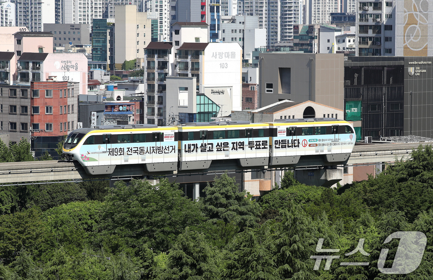 (대구=뉴스1) 공정식 기자 = 제9회 전국동시지방선거가 29일 앞으로 다가온 5일 대구도시철도 3호선 '선거 열차'가 녹음 짙어가는 도심을 지나고 있다.대구시선관위는 지방선거를 …