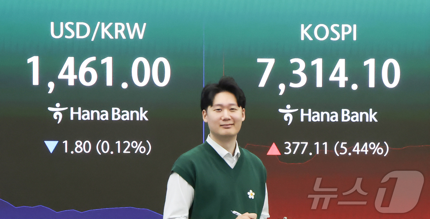 (서울=뉴스1) 이종수 인턴기자 = 코스피가 장중 7000피를 돌파한 6일 서울 중구 하나은행 딜링룸 전광판에 코스피와  원·달러 환율이 표시돼 있다. 2026.5.6/뉴스1