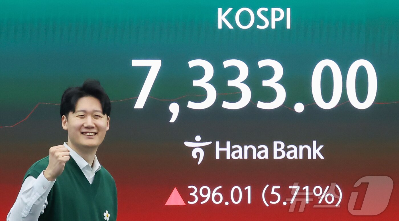 본문 이미지 - 코스피가 장중 7000피를 돌파한 6일 서울 중구 하나은행 딜링룸 전광판에 코스피 수치가 표시돼 있다. 2026.5.6 ⓒ 뉴스1 이종수 인턴기자