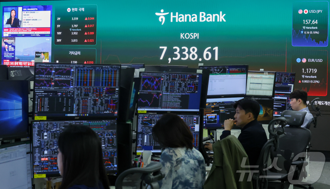 (서울=뉴스1) 이종수 인턴기자 = 코스피가 장중 7000포인트를 돌파한 6일 서울 중구 하나은행 딜링룸에서 딜러들이 업무를 보고 있다. 2026.5.6/뉴스1