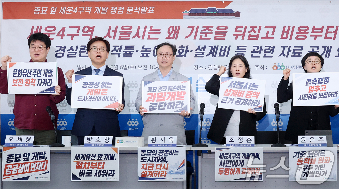 (서울=뉴스1) 조연우 인턴기자 = 경제정의실천시민연합 관계자들이 6일 오전 서울 종로구 경실련 강당에서 열린 종묘 앞 세운4구역 개발 쟁점 분석발표 기자회견에서 구호를 외치고 있 …