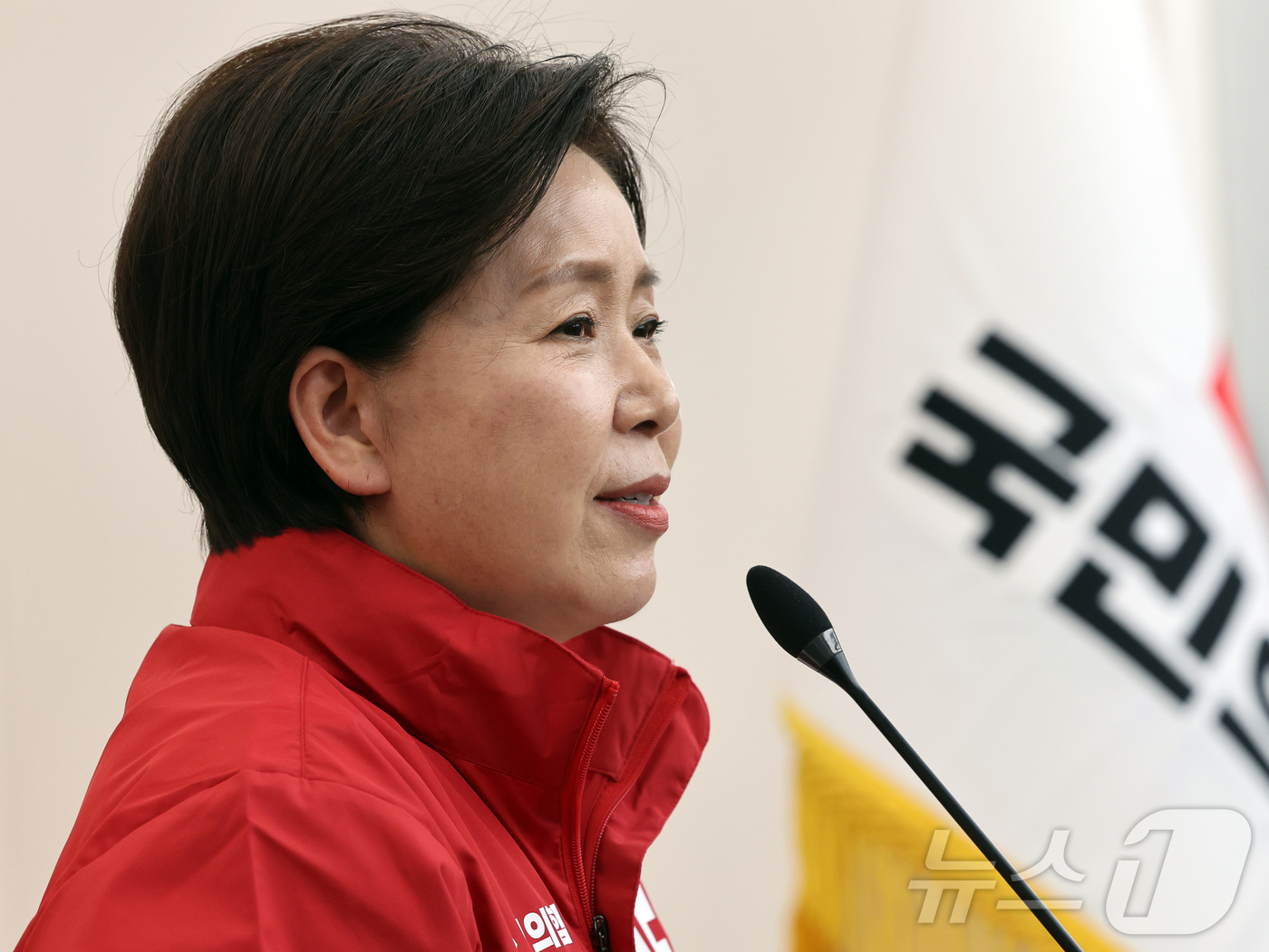 (수원=뉴스1) 황기선 기자 = 양향자 경기도지사 후보가 6일 오전 경기 수원시 경기도당에서 열린 경기도당 필승결의대회에서 인사말을 하고 있다.  2026.5.6/뉴스1