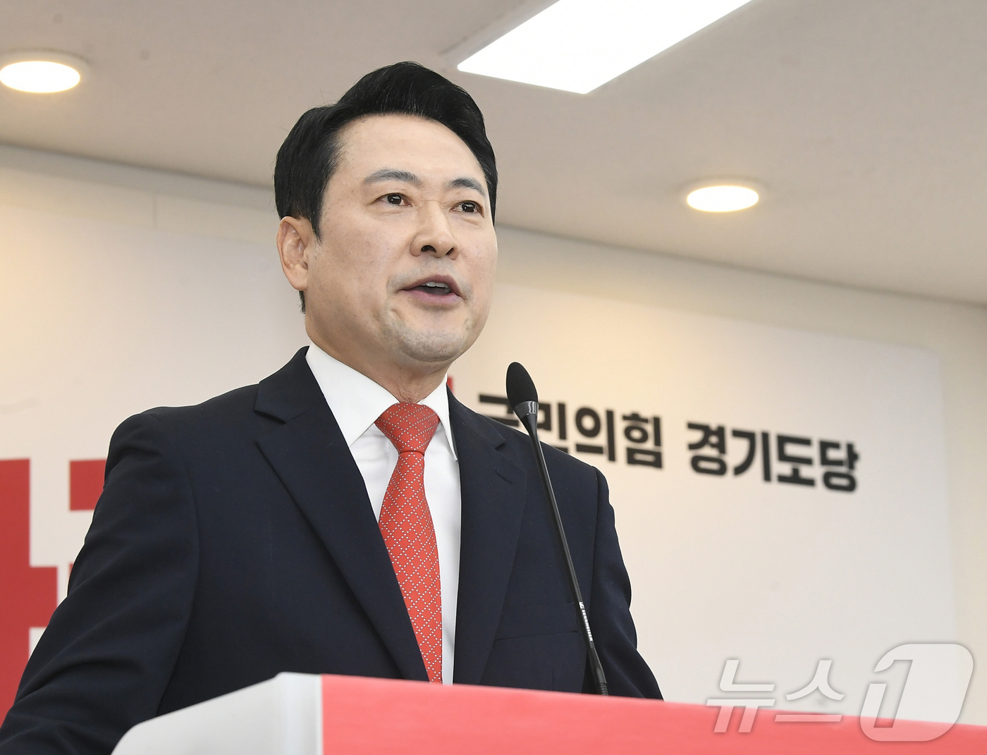 (수원=뉴스1) 황기선 기자 = 장동혁 국민의힘 대표가 6일 경기도 수원 국민의힘 경기도당에서 열린 제9회 전국동시지방선거 경기도당 필승결의대회에서 발언하고 있다. (공동취재) 2 …