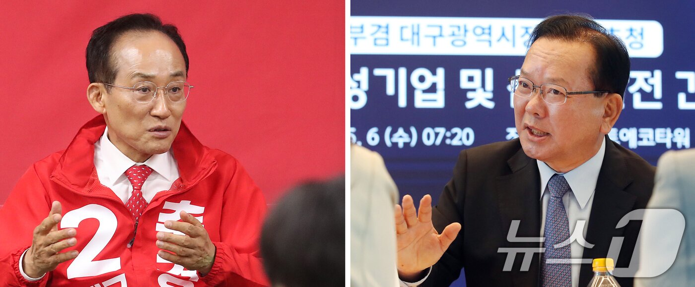 본문 이미지 - 6일 오후 대구 수성구 국민의힘 대구시당에서 기자간담회 갖는 추경호 국민의힘 대구시장 후보(왼쪽)와 같은 날 오전 수성알파시티 스마트에코타워에서 열린 AI·IT 여성기업인협회 간담회에 참석한 김부겸 더불어민주당 대구시장 후보. 2026.5.6 ⓒ 뉴스1 공정식 기자