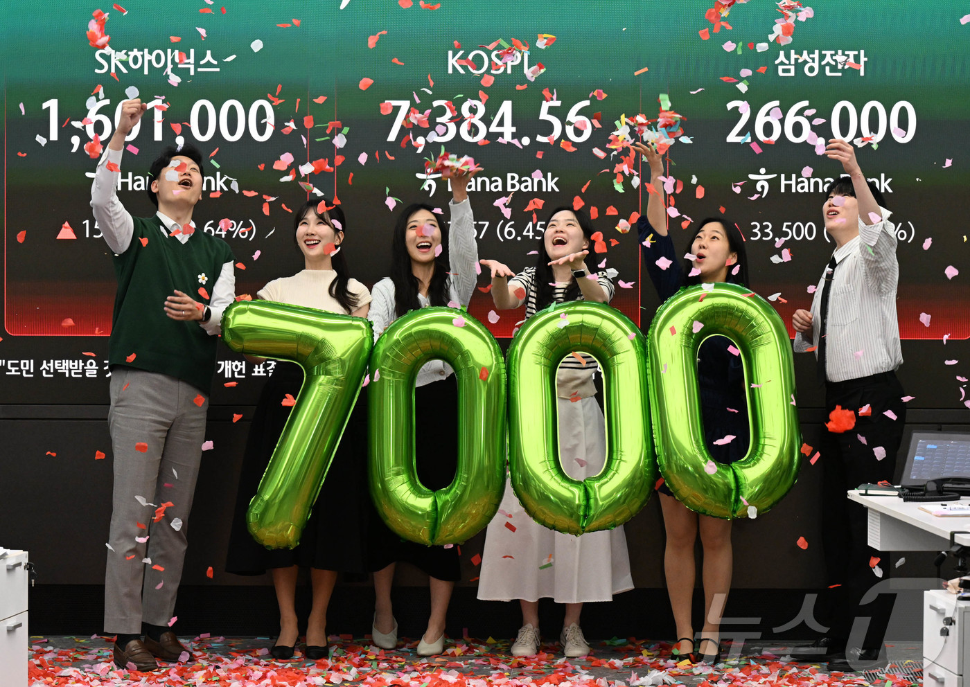 (서울=뉴스1) 박지혜 기자 = 국내 증시가 역사상 처음으로 종가 기준 코스피 7000선을 돌파하며 새로운 이정표를 세운 6일 오후 서울 중구 하나은행 딜링룸에서 직원들이 축하 세 …