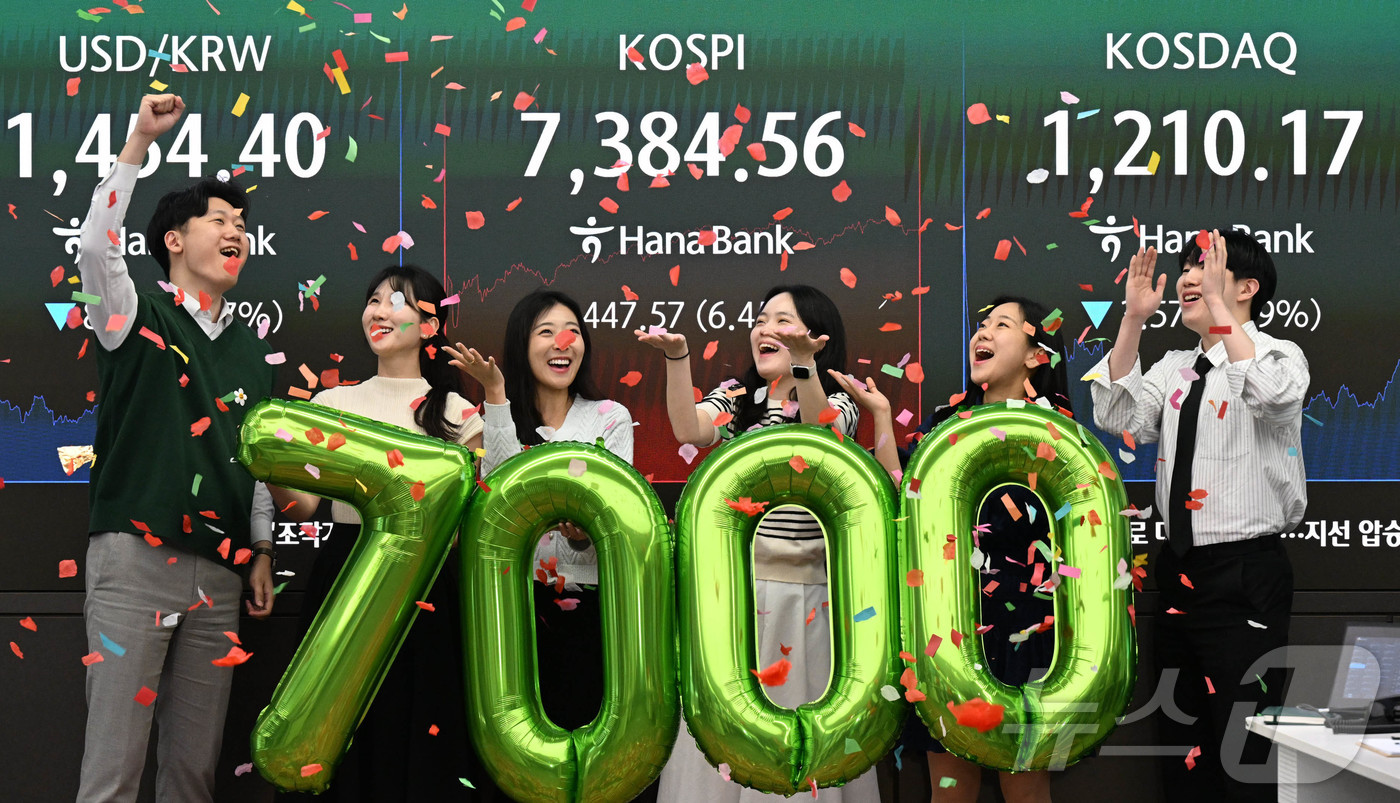 (서울=뉴스1) 박지혜 기자 = 국내 증시가 역사상 처음으로 종가 기준 코스피 7000선을 돌파하며 새로운 이정표를 세운 6일 오후 서울 중구 하나은행 딜링룸에서 직원들이 축하 세 …