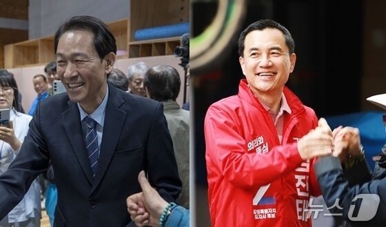본문 이미지 - 민선 9기 강원지사 선거에 도전하는 우상호 더불어민주당 예비후보와 김진태 국민의힘 예비후보가 지난 3일 강원 동해안에서 일정을 소화하면서 세 결집을 시도했다. (두 후보 측 제공. 재판매 및 DB금지) 2026.5.3/뉴스1