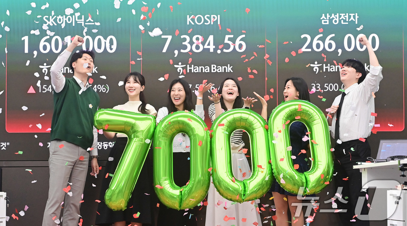 (서울=뉴스1) 박지혜 기자 = 코스피가 종가 기준 사상 처음 7000선을 돌파한 6일 서울 중구 하나은행 딜링룸에서 직원들이 축하 세레머니를 하고 있다.이날 코스피는 전장보다 4 …
