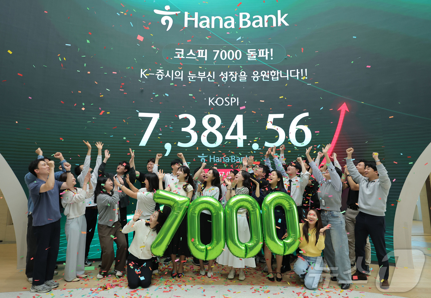 (서울=뉴스1) 박지혜 기자 = 코스피가 종가 기준 사상 처음 7000선을 돌파한 6일 서울 중구 하나은행 딜링룸에서 직원들이 축하 세레머니를 하고 있다.이날 코스피는 전장보다 4 …