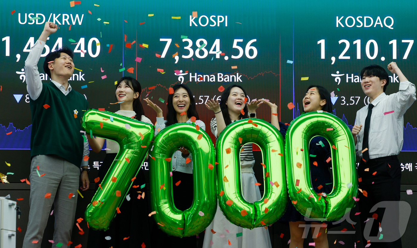 (서울=뉴스1) 박지혜 기자 = 코스피가 7000을 돌파한 6일 서울 중구 하나은행 본점 딜링룸에서 직원들이 축하 세리모니를 하고 있다. 이날 코스피는 447.57포인트 오른 7, …