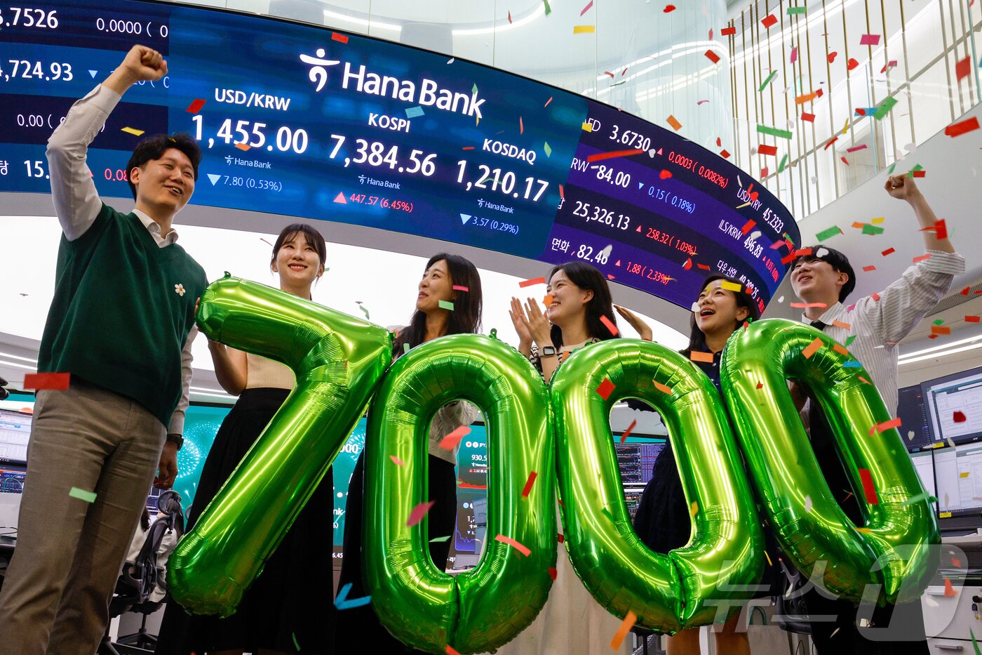 본문 이미지 - 코스피가 7000을 돌파한 6일 서울 중구 하나은행 본점 딜링룸에서 직원들이 축하 세리모니를 하고 있다. 이날 코스피는 447.57포인트 오른 7,384.56에 장을 마감했다. (공동취재) 2026.5.6 ⓒ 뉴스1 박지혜 기자