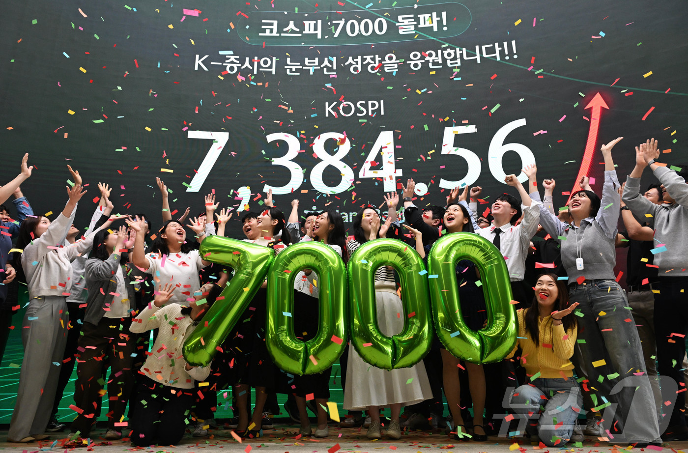 (서울=뉴스1) 박지혜 기자 = 코스피가 종가 기준 사상 처음 7000선을 돌파한 6일 서울 중구 하나은행 딜링룸에서 직원들이 축하 세레머니를 하고 있다. 이날 코스피는 전장보다 …