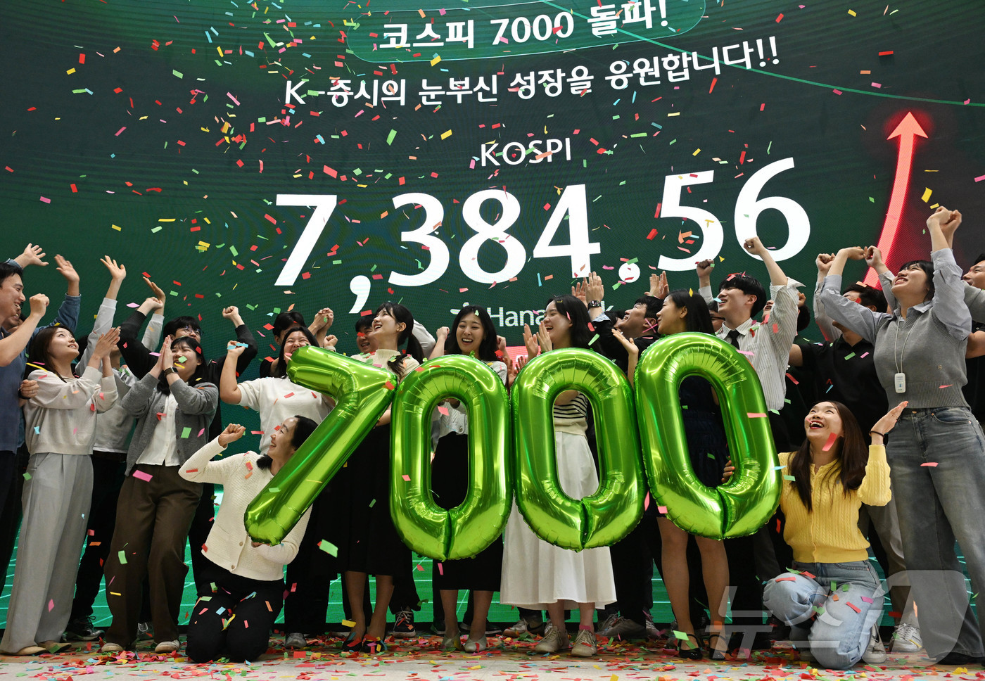 (서울=뉴스1) 박지혜 기자 = 코스피가 종가 기준 사상 처음 7000선을 돌파한 6일 서울 중구 하나은행 딜링룸에서 직원들이 축하 세레머니를 하고 있다. 이날 코스피는 전장보다 …