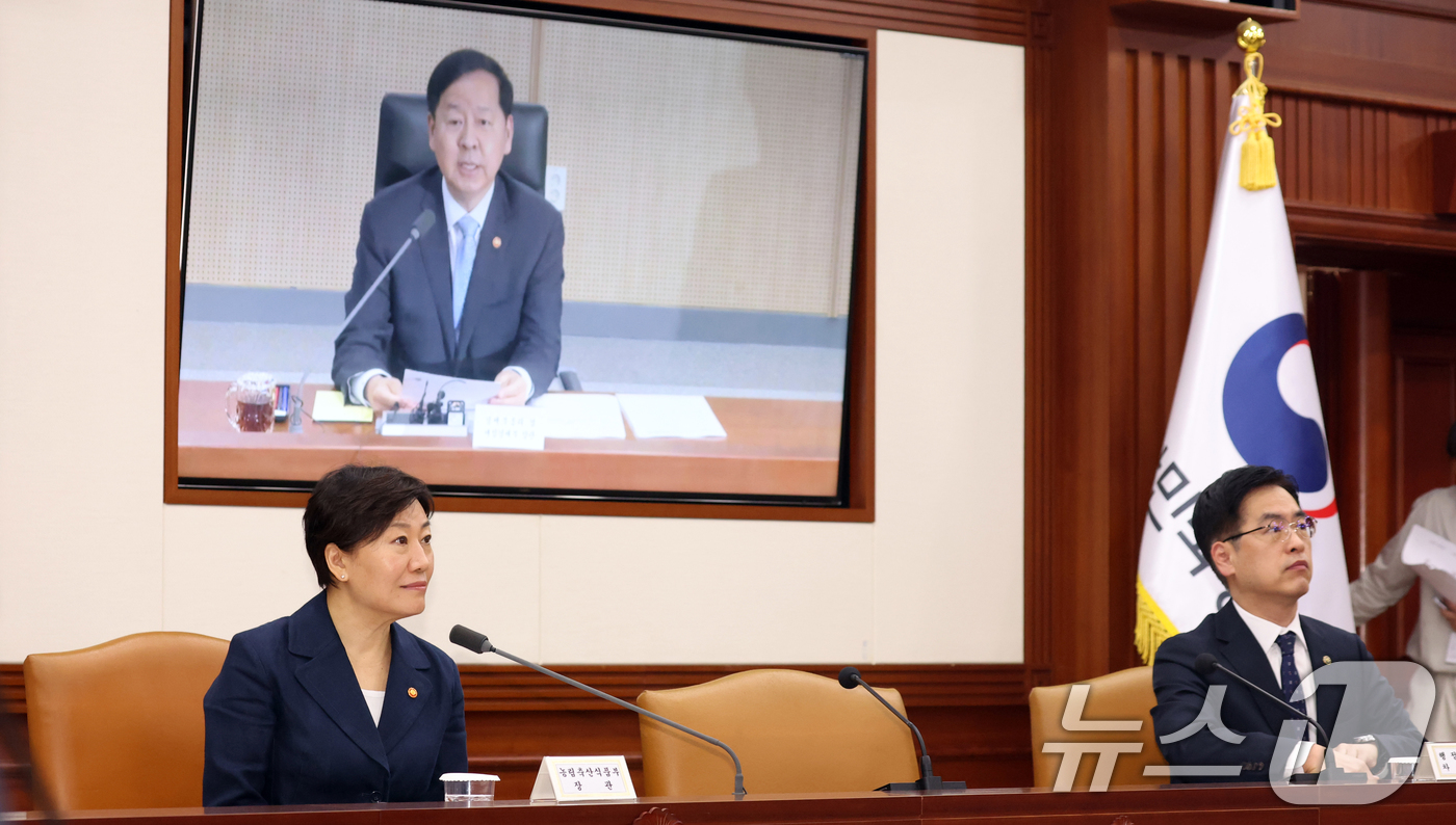 (서울=뉴스1) 김명섭 기자 = 송미령 농림식품부 장관과 김민재 행정안전부 차관이 7일 서울 종로구 세종대로 정부서울청사에서 화상으로  구윤철 경제부총리 겸 재정경제부 장관의 민생 …