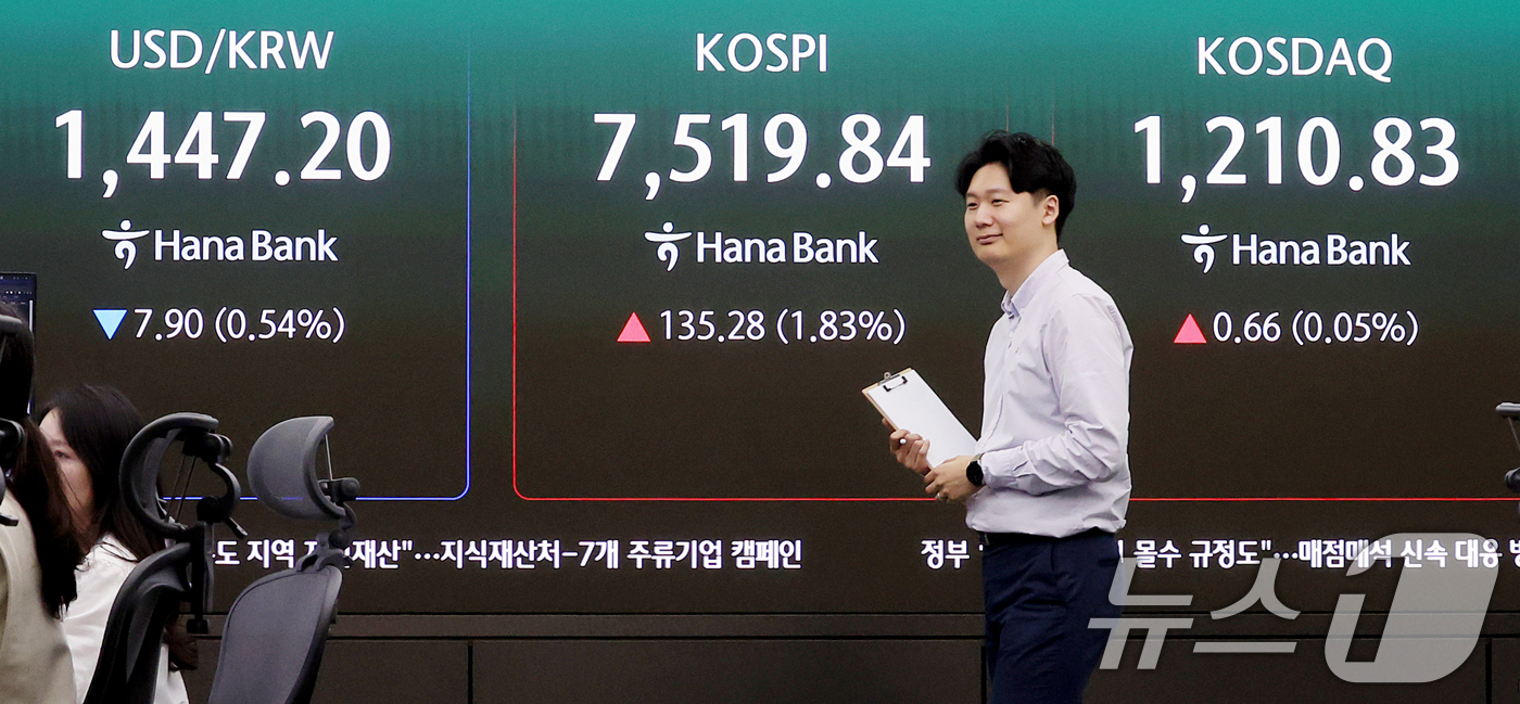 (서울=뉴스1) 조연우 인턴기자 = 코스피 지수가 사상 최고치 흐름을 이어간 7일 오전 서울 중구 하나은행 딜링룸 전광판에 시황이 표시되고 있다. 이날 코스피는 전 거래일 대비 1 …