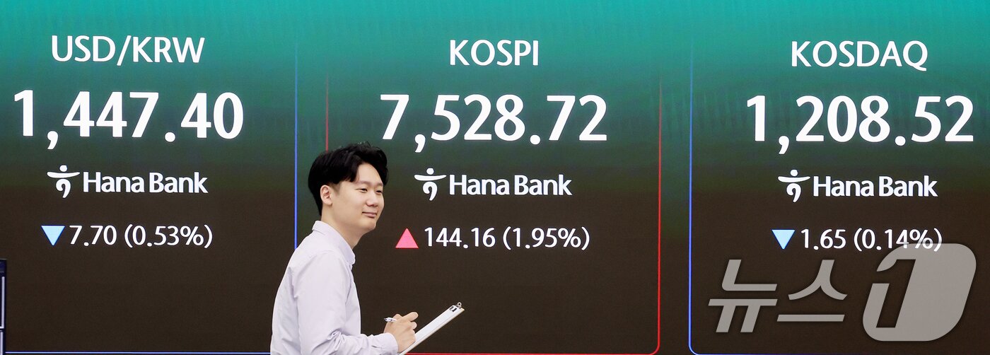 본문 이미지 - 코스피 지수가 사상 최고치 흐름을 이어간 7일 오전 서울 중구 하나은행 딜링룸 전광판에 시황이 표시되고 있다. 이날 코스피는 전 거래일 대비 114.51포인트(1.55%) 오른 7499.07에 개장했다. 2026.5.7 ⓒ 뉴스1 조연우 인턴기자
