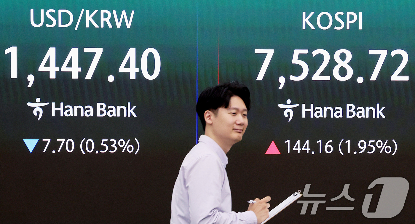 (서울=뉴스1) 조연우 인턴기자 = 코스피 지수가 7000선에 안착하며 상승 흐름을 이어간 7일 30일 오전 서울 중구 하나은행 딜링룸 전광판에 시황이 표시되고 있다. 이날 코스피 …
