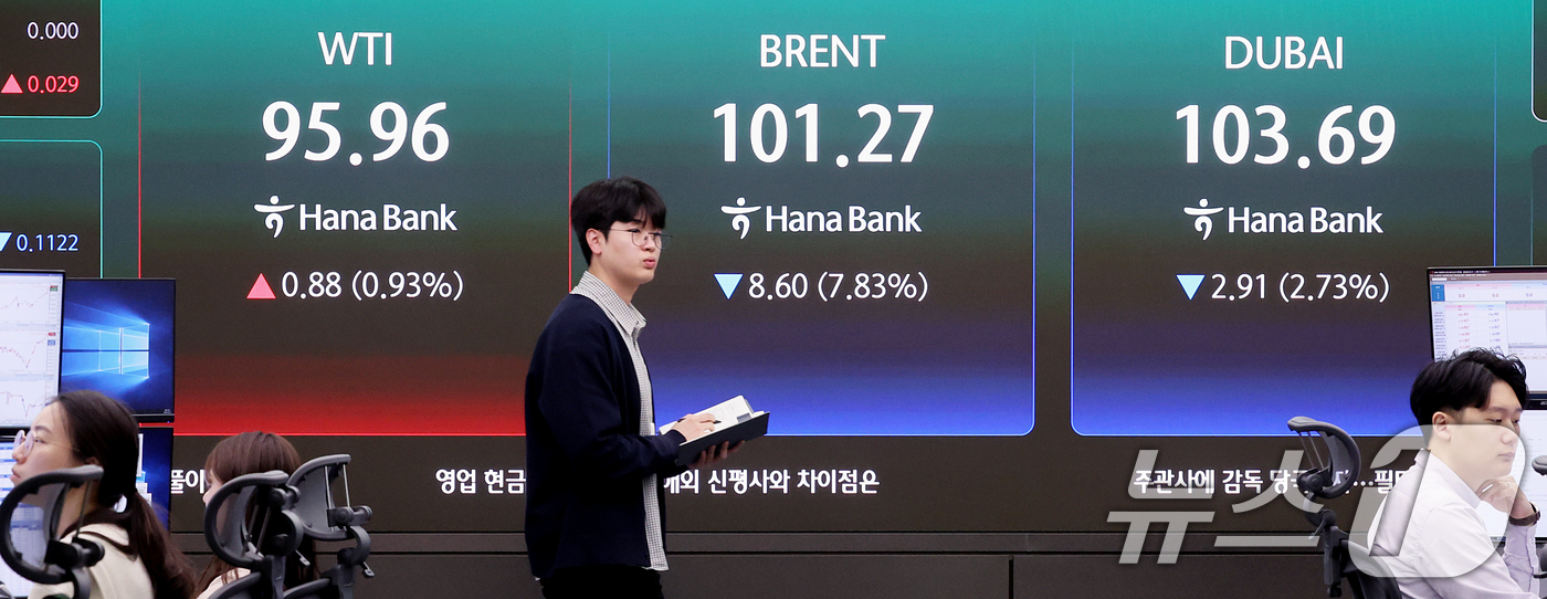 (서울=뉴스1) 조연우 인턴기자 = 미·이란 평화 합의 기대감으로 국제유가가 급락한 7일 오전 서울 중구 하나은행 딜링룸 전광판에 서부텍사스원유(WTI), 브렌트유, 두바이유 선물 …