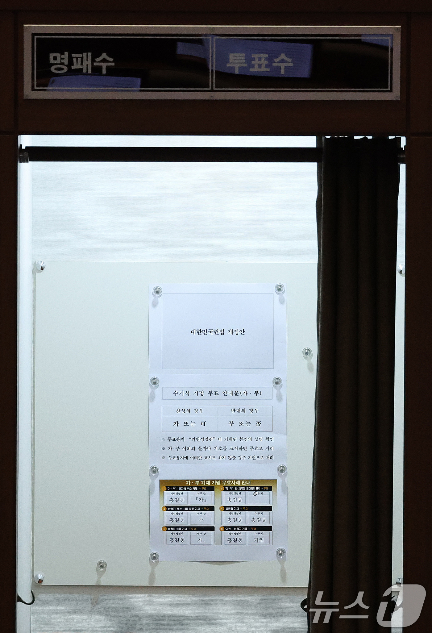 (서울=뉴스1) 신웅수 기자 = 7일 서울 여의도 국회에서 열린 제435회국회(임시회) 제1차 본회의에서 대한민국헌법 개정안이 상정된 가운데 기표소가 불을 밝히고 있다. 2026. …