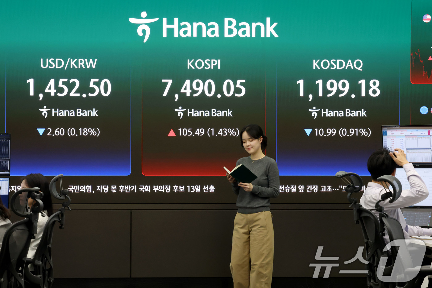 (서울=뉴스1) 이광호 기자 = 코스피 지수가 사상 최고치로 마감한 7일 오후 서울 중구 하나은행 본점 딜링룸 현황판에 전장대비 105.49포인트(1.43%) 상승한 7,490.0 …