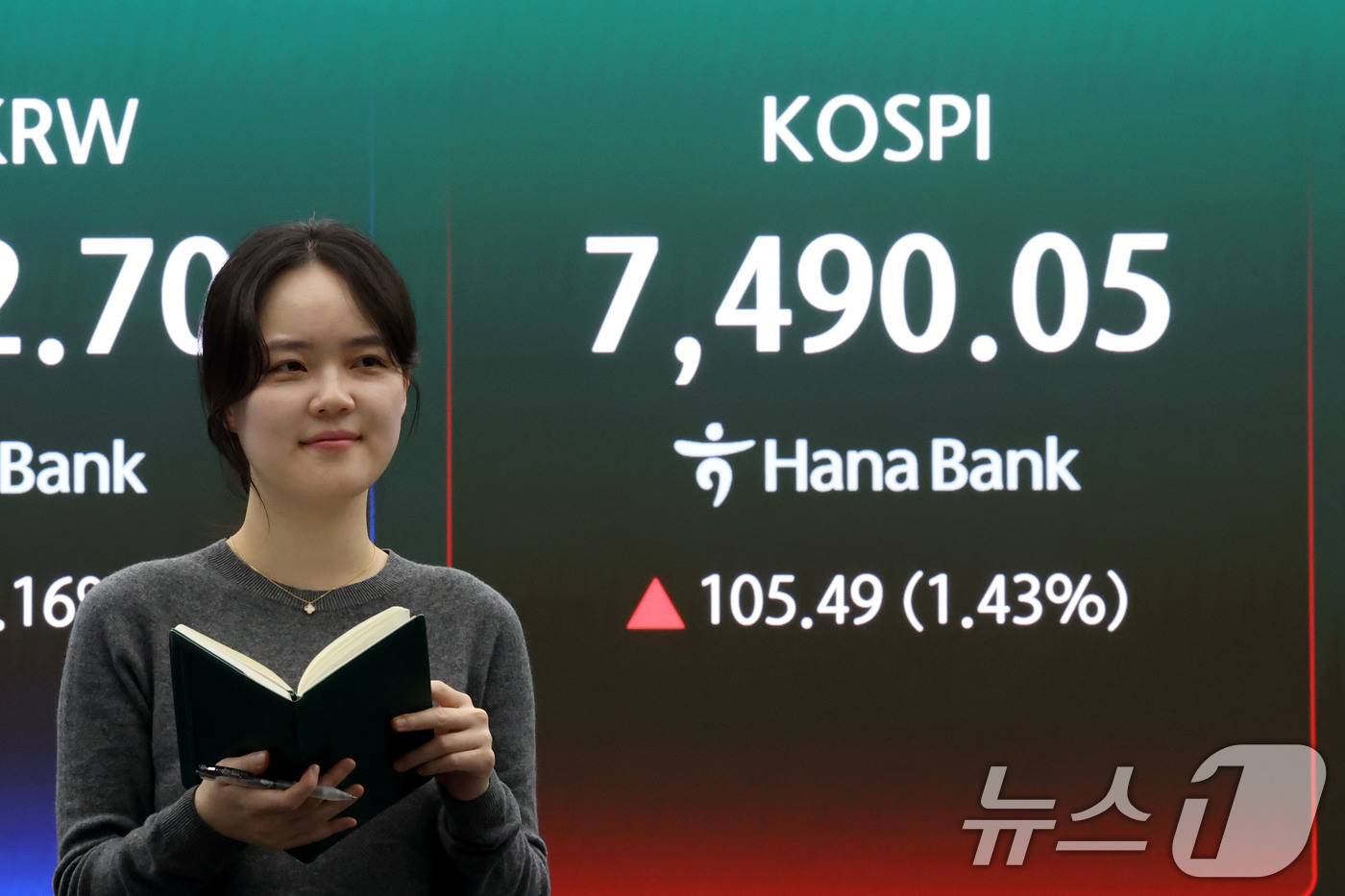 (서울=뉴스1) 이광호 기자 = 코스피 지수가 사상 최고치로 마감한 7일 오후 서울 중구 하나은행 본점 딜링룸 현황판에 전장대비 105.49포인트(1.43%) 상승한 7,490.0 …