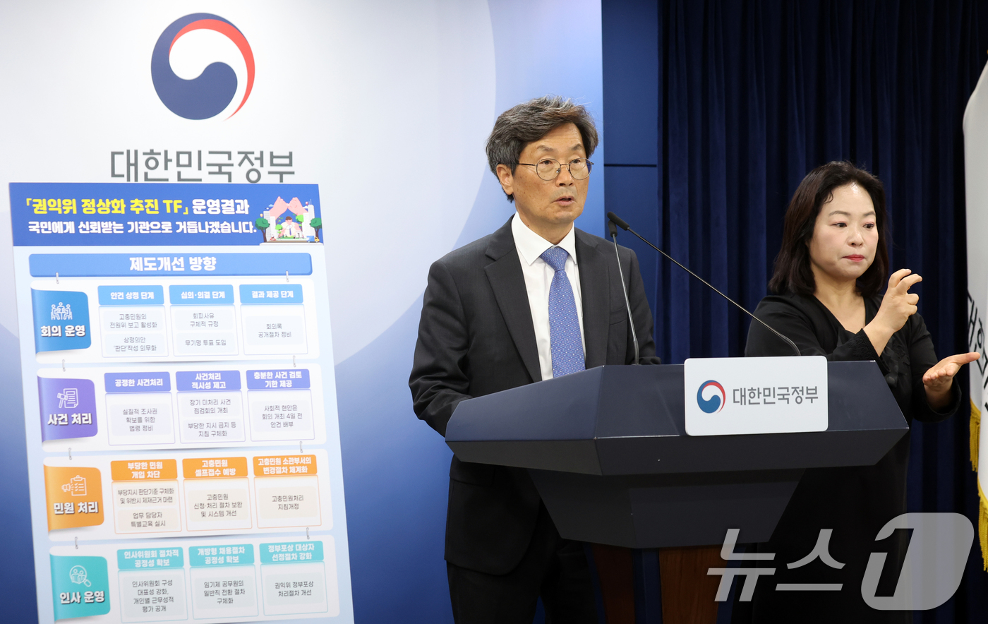 (서울=뉴스1) 김명섭 기자 = 정일연 국민권익위원회 위원장이 8일 서울 종로구 세종대로 정부서울청사에서 권익위 정상화 추진 TF 운영결과 발표를 하고 있다. 2026.5.8/뉴스 …