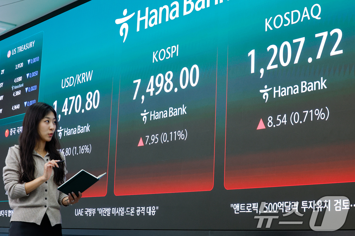 (서울=뉴스1) 안은나 기자 = 코스피가 종가 기준 나흘 연속 사상 최고치를 기록한 8일 오후 서울 중구 하나은행 딜링룸에 코스피 지수가 7.95포인트(0.11%) 상승한 7498 …